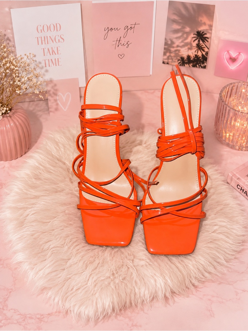 Orange Strappy Square-Toe Women's Sandals
